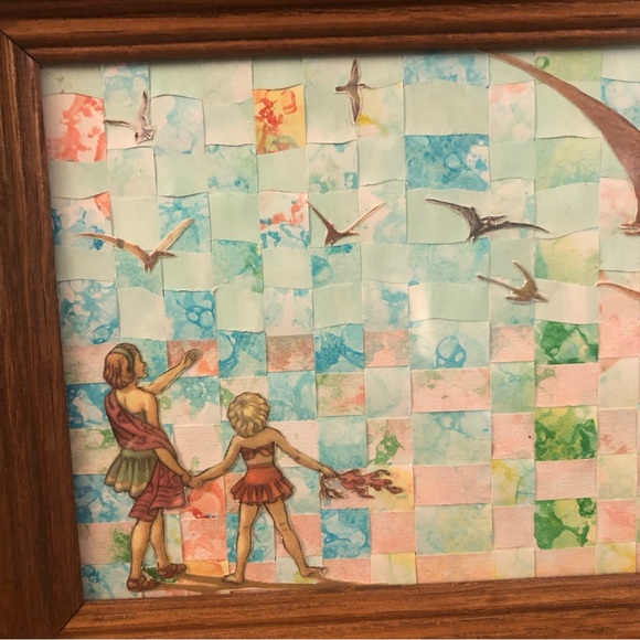 “Pterodactyl Seas” Dinosaur Paper Weave VTG Illustrations Hand Crafted Frame Art - Picture 6 of 7